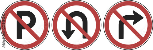 Foto Road restriction signs vector, no parking no U turn and no right turn traffic symbols for transportation warning and control systems