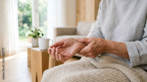 Senior woman experiencing wrist pain at home. Older person holding aching joint while sitting on sofa. Healthcare concept for arthritis, carpal tunnel syndrome, rheumatology and aging.