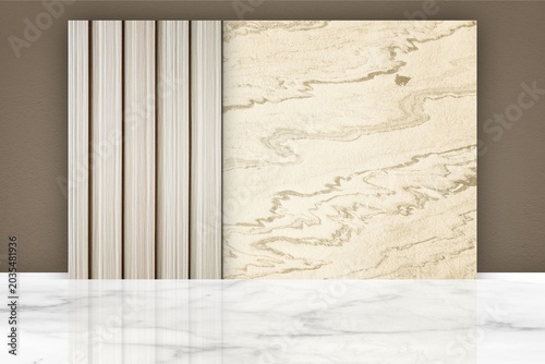 Modern Interior Wall Featuring Combination of Gold Stone Veneer with Natural Flowing Pattern and Light Wood-Vertical Louvers.
