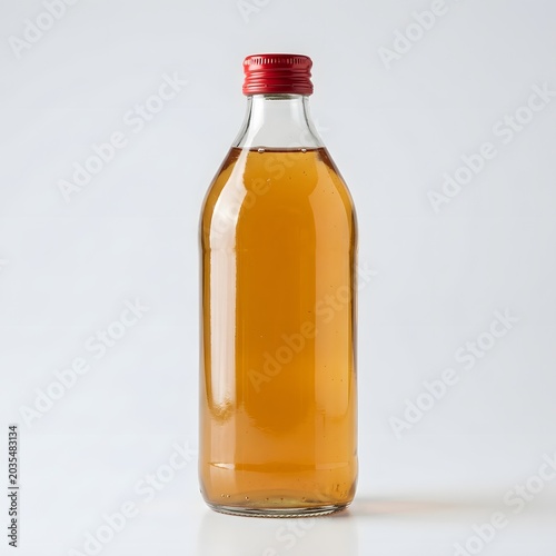 Clear glass bottle filled with amber liquid, capped with a red lid