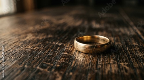 Gold ring resting on a rustic wooden surface with ornament precious circular craftsmanship engagement handsome