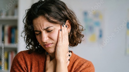 Woman grimacing with hand on her jaw experiencing toothache discomfort suffering miserable womanhood