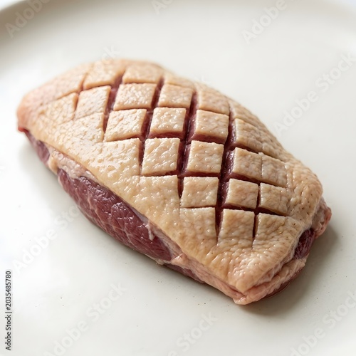 Premium raw duck breast with precisely scored skin, ready for culinary preparation on a clean white background