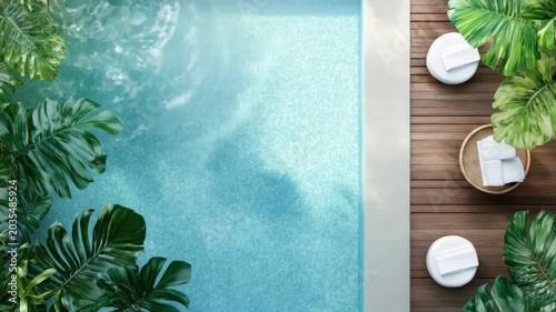 Aerial view of modern poolside with tropical plants and wooden deck