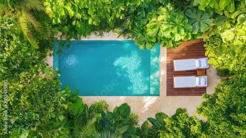 Tropical oasis with pool and two lounge chairs surrounded by lush greenery from above