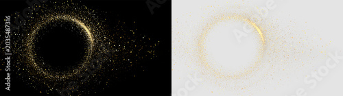 Light gold glitter ring pattern floating isolated on transparent and black background, for design and decoration, light overlay, PNG