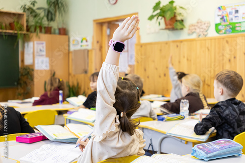 A young schoolchild raises their hand in an elementary classroom during a lesson to answer a question, representing active student engagement and academic motivation in schools