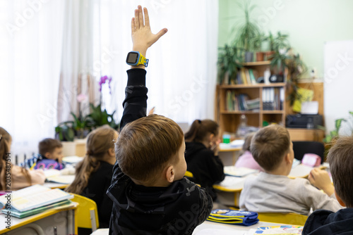 Elementary school student raises hand to answer a question during a classroom lesson, reflecting active participation and engagement in the educational process at primary school