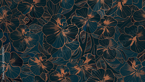 Floral ornament featuring overlapping bronze toned flowers against a dark teal background a repeating pattern blossom bloom botanical petal foliage plant