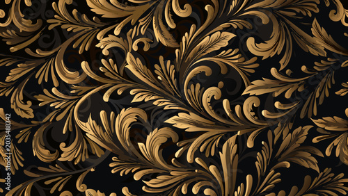 Ornate floral ornament a seamless repeating vector pattern with golden flourishes on a dark background acanthus arabesque art nouveau baroque black