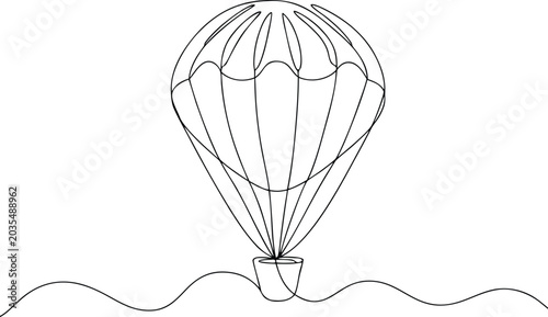 Tableau sur toile One line drawing of hot air balloon flying over hills with wavy lines at bottom