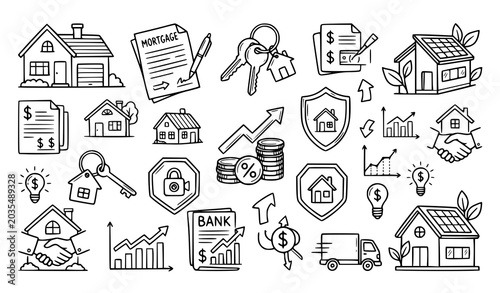 Tableau sur toile Hand drawn real estate doodle icon set with home loan mortgage insurance and eco