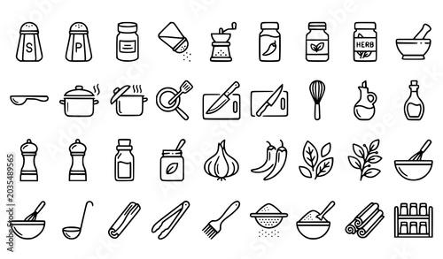 Salt Pepper and Kitchen Cooking Thin Line Icons Vector Set Spice Collection