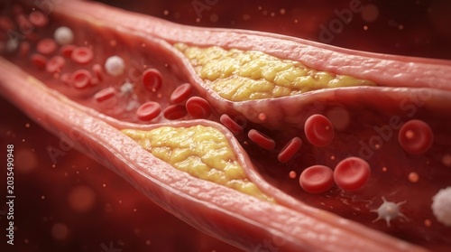 Detailed view of atherosclerosis with cholesterol deposits narrowing the artery lumen.
