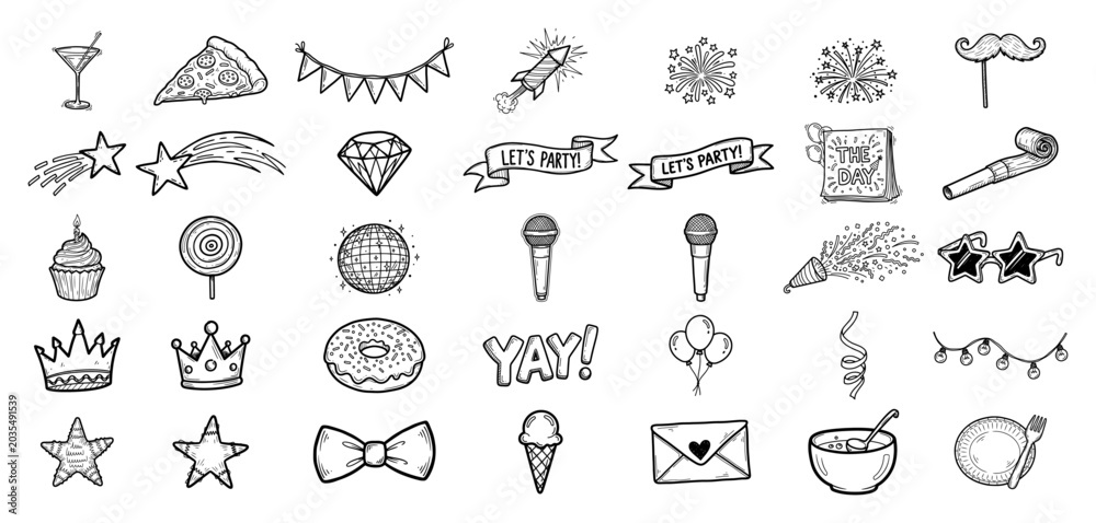 Fototapeta premium Party celebration icons and festive doodle elements set in hand drawn style