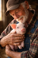 Elderly man happily holding a piglet in a farm setting