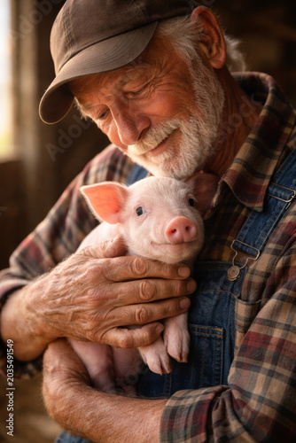 Elderly man happily holding a piglet in a farm setting