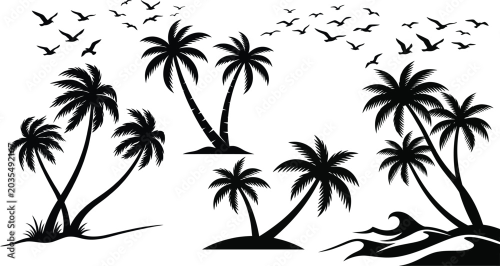 Fototapeta premium Palm trees and flying birds black silhouette on a white background