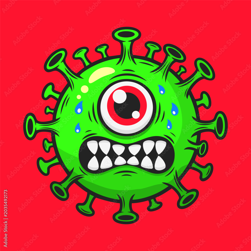 Fototapeta premium Scared Green Cartoon Virus Character