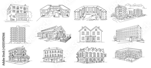 Bilde på lerret City buildings and residential apartment houses in continuous line drawing style