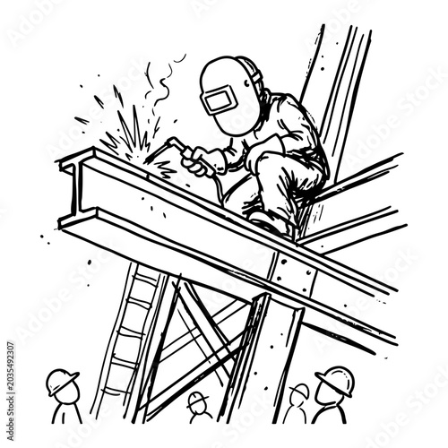 Bild auf Leinwand Welder worker on steel beam at construction site hand drawn style