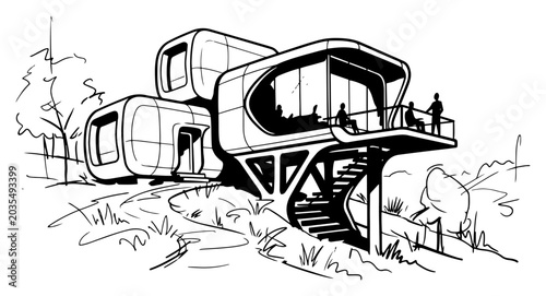 Futuristic organic architecture house design with people hand drawn style