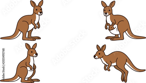 Photography Kangaroo cartoon vector illustration set featuring cute Australian marsupial pos