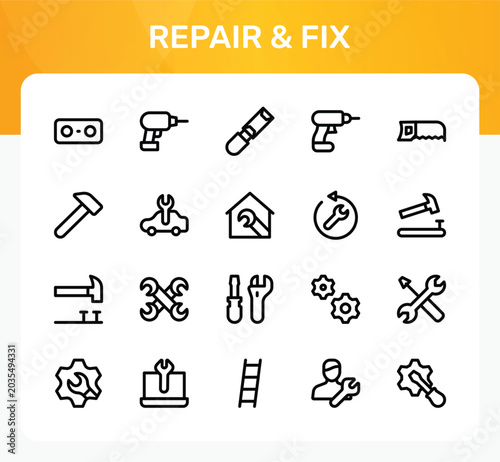 Repair and Fix icon set. Editable line icons. Professional and modern outline icon pack vector illustration with construction and service tools in a clean design.