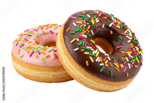 Pair of Frosted Donuts with Chocolate and Pink Glaze and Rainbow Sprinkles