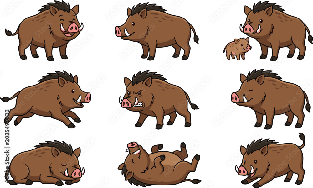 Fototapeta premium Cute wild boar cartoon vector illustration set featuring adorable forest pig poses isolated wildlife collection
