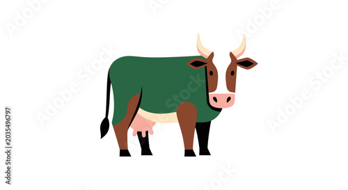 Brown and green cow standing still.
