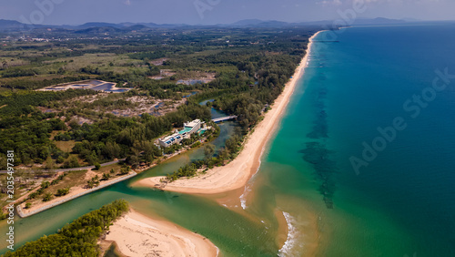 Cuadro en lienzo High altitude drone view of coastal landscape with mountains, sea and fields