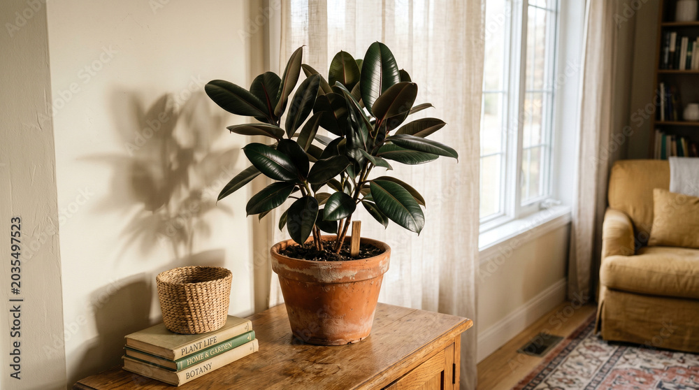 Fototapeta premium A large green plant in a terracotta pot on a wooden table by a sunny window indoors