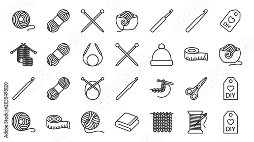 Sewing tools and equipment icons set.