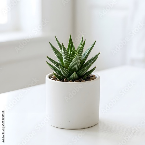 Green succulent plant in white ceramic pot, enhancing modern home decor with natural elegance