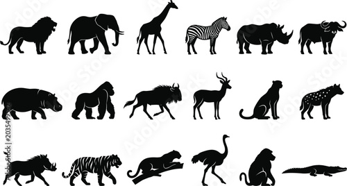 Photography African safari wildlife animals black silhouette set collection vector illustrat