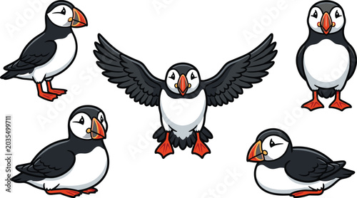 Foto Cute puffin cartoon vector illustration set featuring adorable seabird poses iso