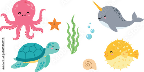 Quadro su tela Cute ocean animal cartoon vector illustration set featuring octopus turtle narwh