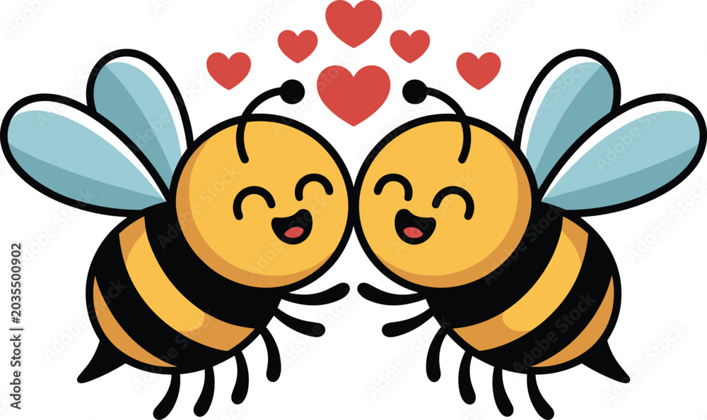 Fototapeta premium Cute love bee cartoon vector illustration featuring happy kissing honey bees with hearts isolated kawaii romantic design