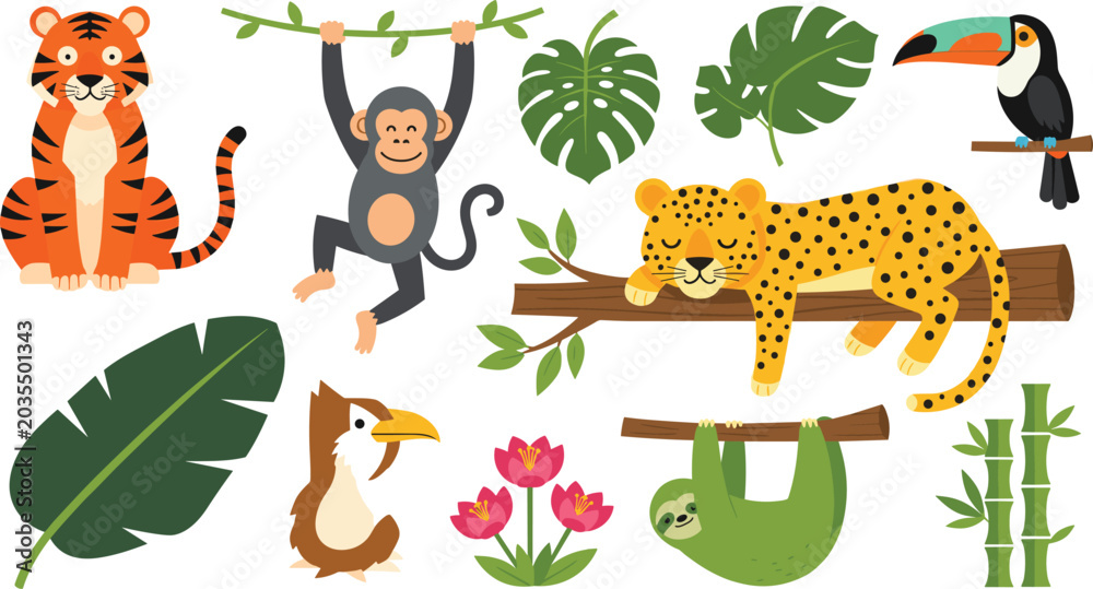 Obraz premium Cute jungle animal cartoon vector illustration set featuring tiger monkey leopard sloth toucan and tropical rainforest wildlife