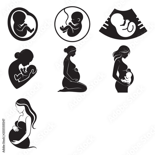 Quadro su tela Pregnancy fetus development ultrasound and maternity silhouette vector set