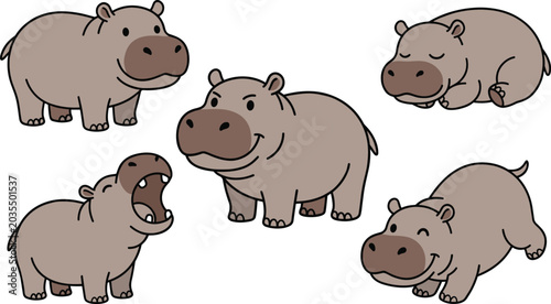 Bild auf Leinwand Cute hippopotamus cartoon vector illustration set featuring adorable hippo poses