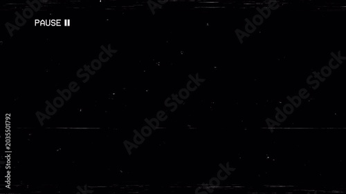 Vcr vhs pause overlay with grainy black screen tv static and white icon. Suitable for retrothemed video projects or 80s nostalgia visuals. 4K - Alpha Channel