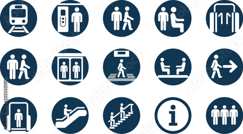 Train station KRL icon set vector, blue circle transit wayfinding pictograms for public transportation symbols and navigation design.