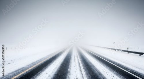 Empty asphalt road covered in snow during a winter blizzard