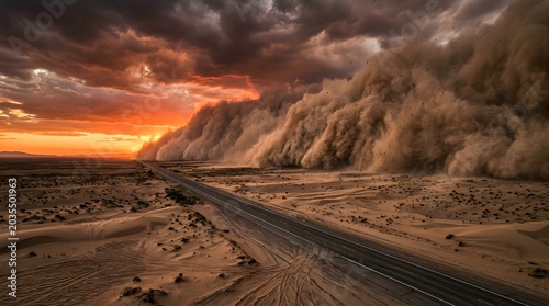 Dramatic dust storm sweeping across a desert highway at sunset