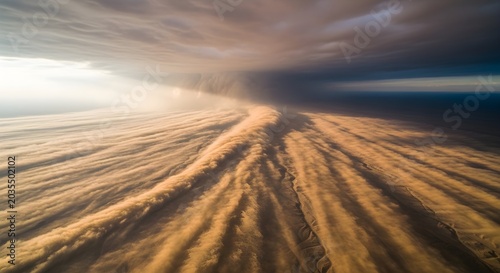 Aerial view of a massive sandstorm sweeping across a desert landscape
