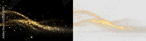 Swirls of golden glitter particles moving isolated on transparent and black background, during a festive celebration in the evening, light overlay, PNG
