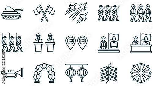 Foto Set of military parade icons for national holiday and celebration event art