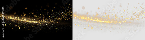 Obraz na płótnie Golden particles float isolated on transparent and black background, for use in